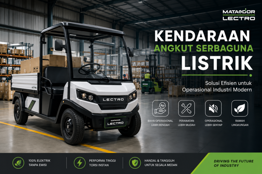 Kendaraan listrik operasional membantu distribusi material di area pabrik.