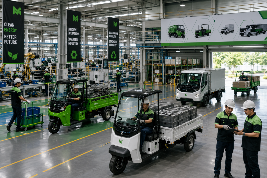 kendaraan listrik untuk pabrik manufaktur membantu distribusi material dan operasional produksi bersama Matador Lectro