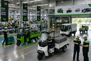 kendaraan listrik untuk pabrik manufaktur membantu distribusi material dan operasional produksi bersama Matador Lectro